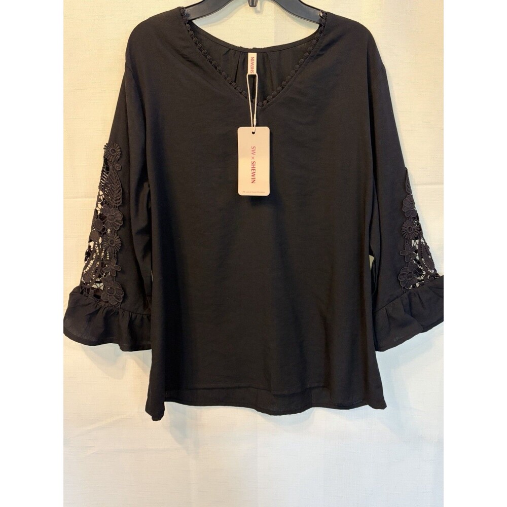 Shewin Black Solid V-Neck 3/4 Sleeve Lace Pullover Blouse Women's Size S